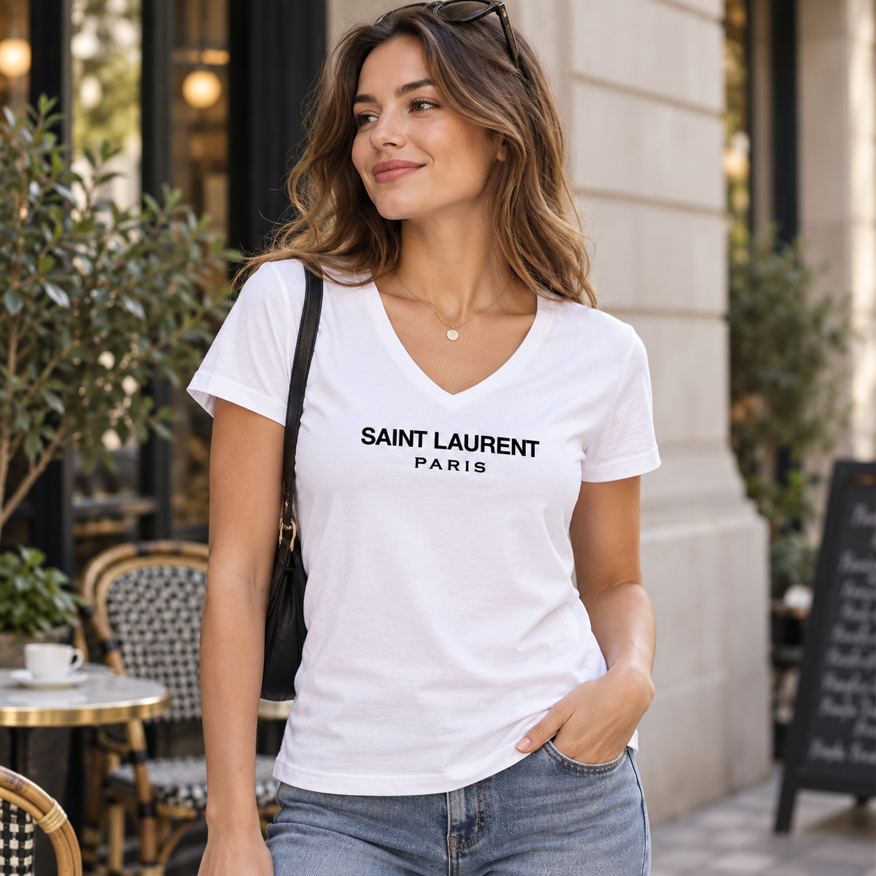 Women's Saint Laurent V-neck T-shirt white lifestyle