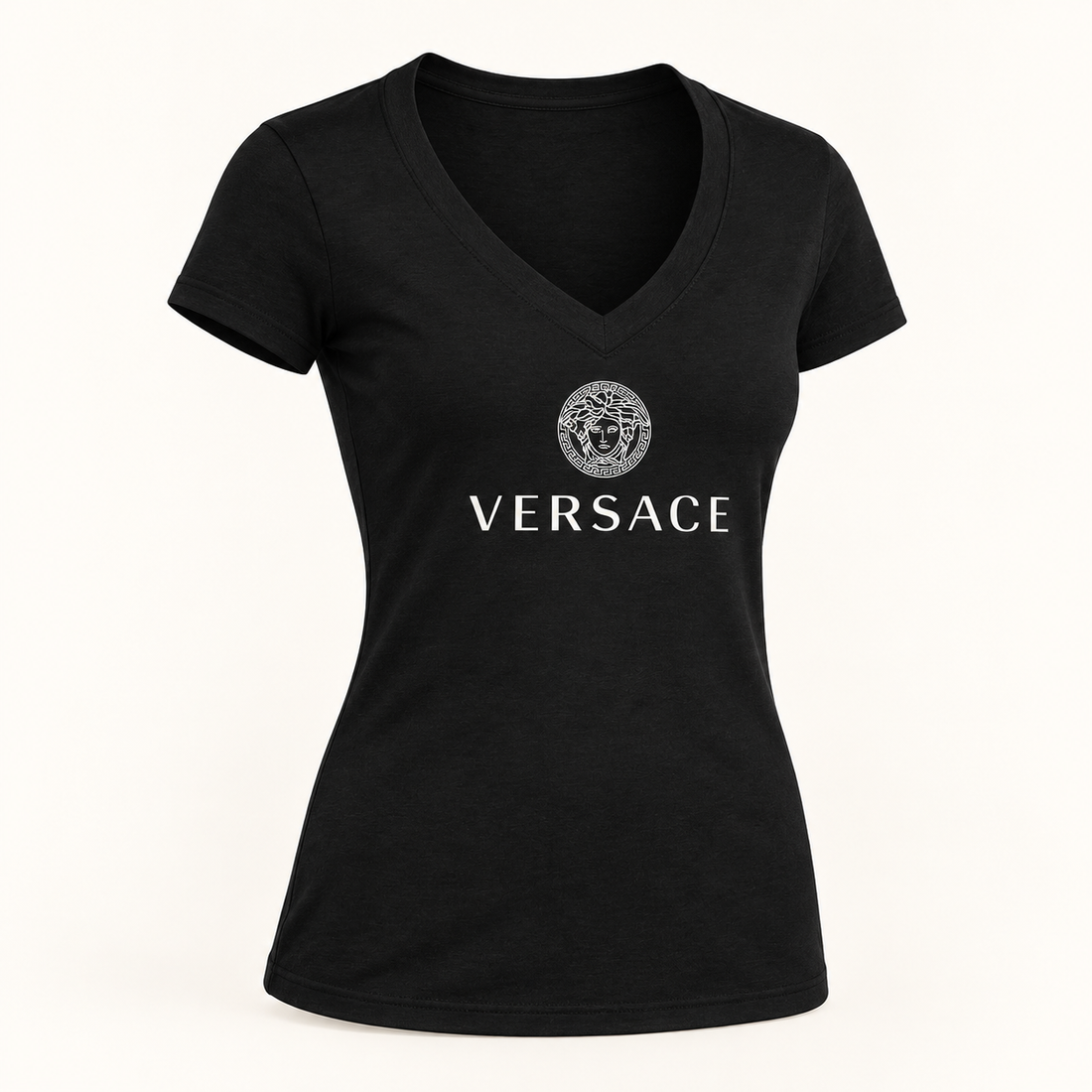 Women's Versace V-Neck T-Shirt | Color: Black | Image 1