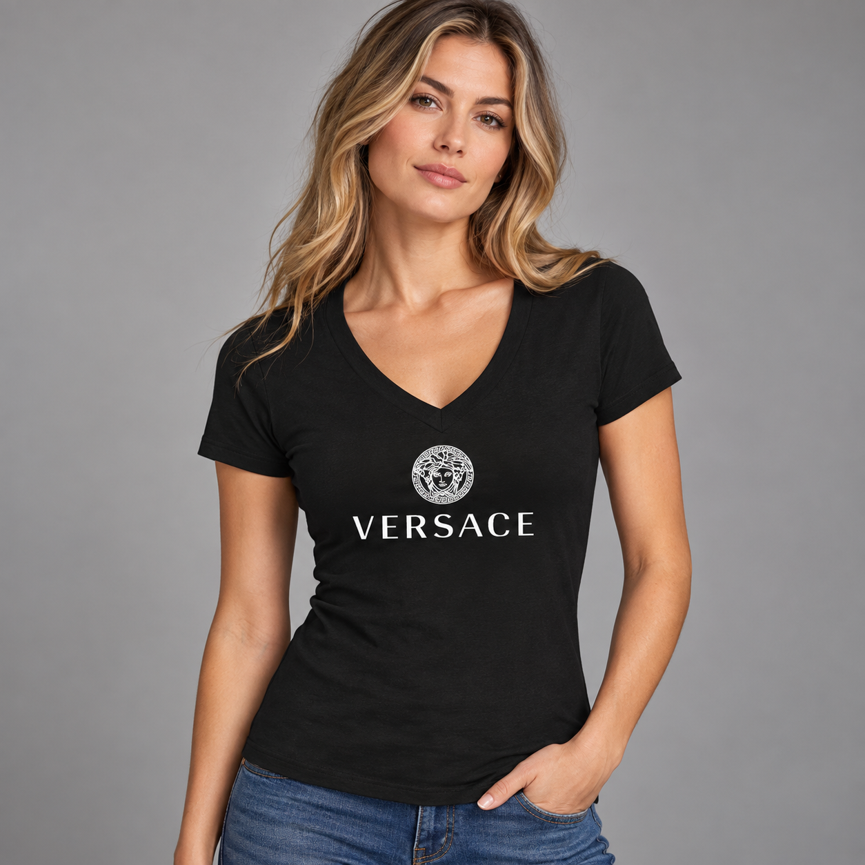 Women's Versace V-Neck T-Shirt | Color: Black | Image 2