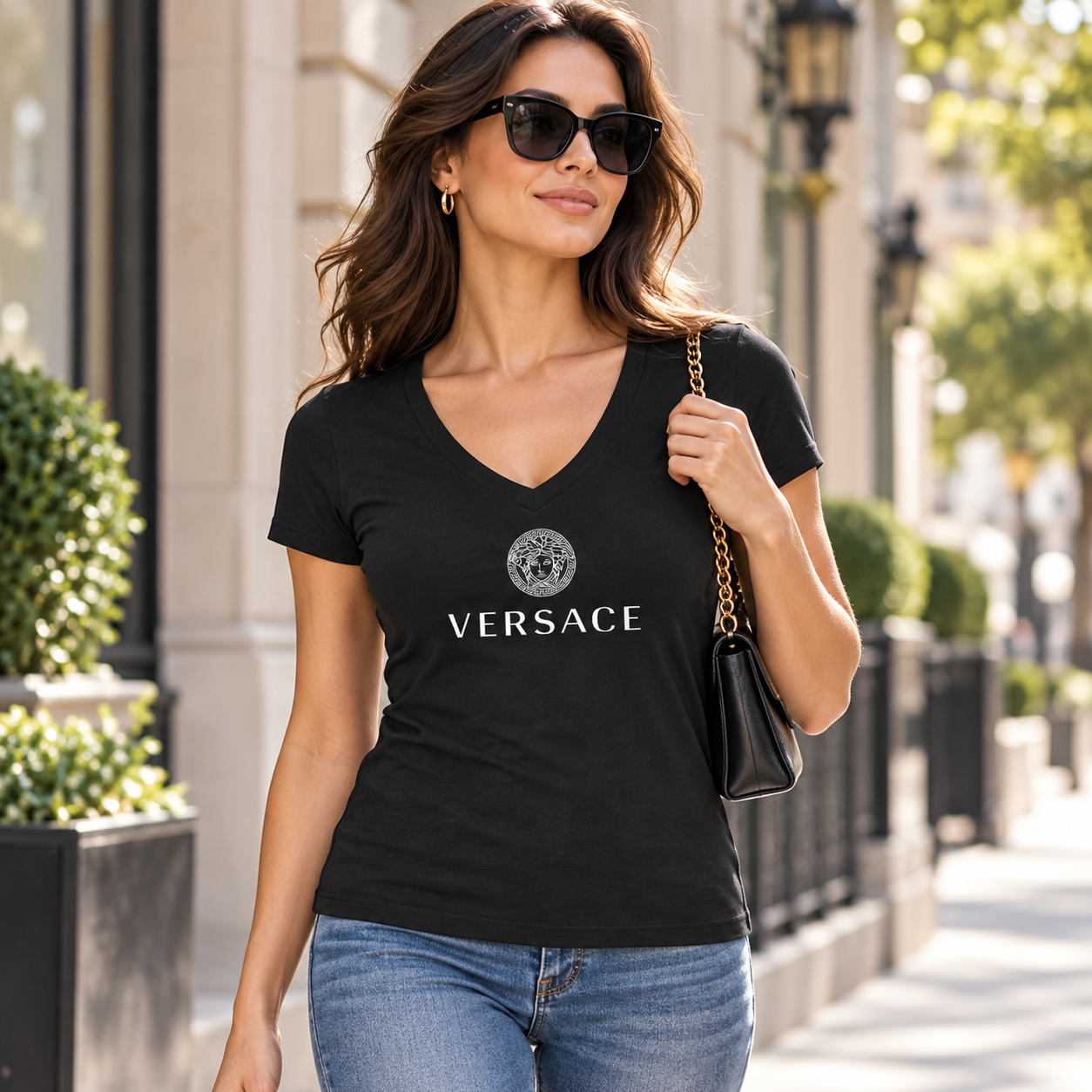 Women's Versace V-Neck T-Shirt | Color: Black | Image 3