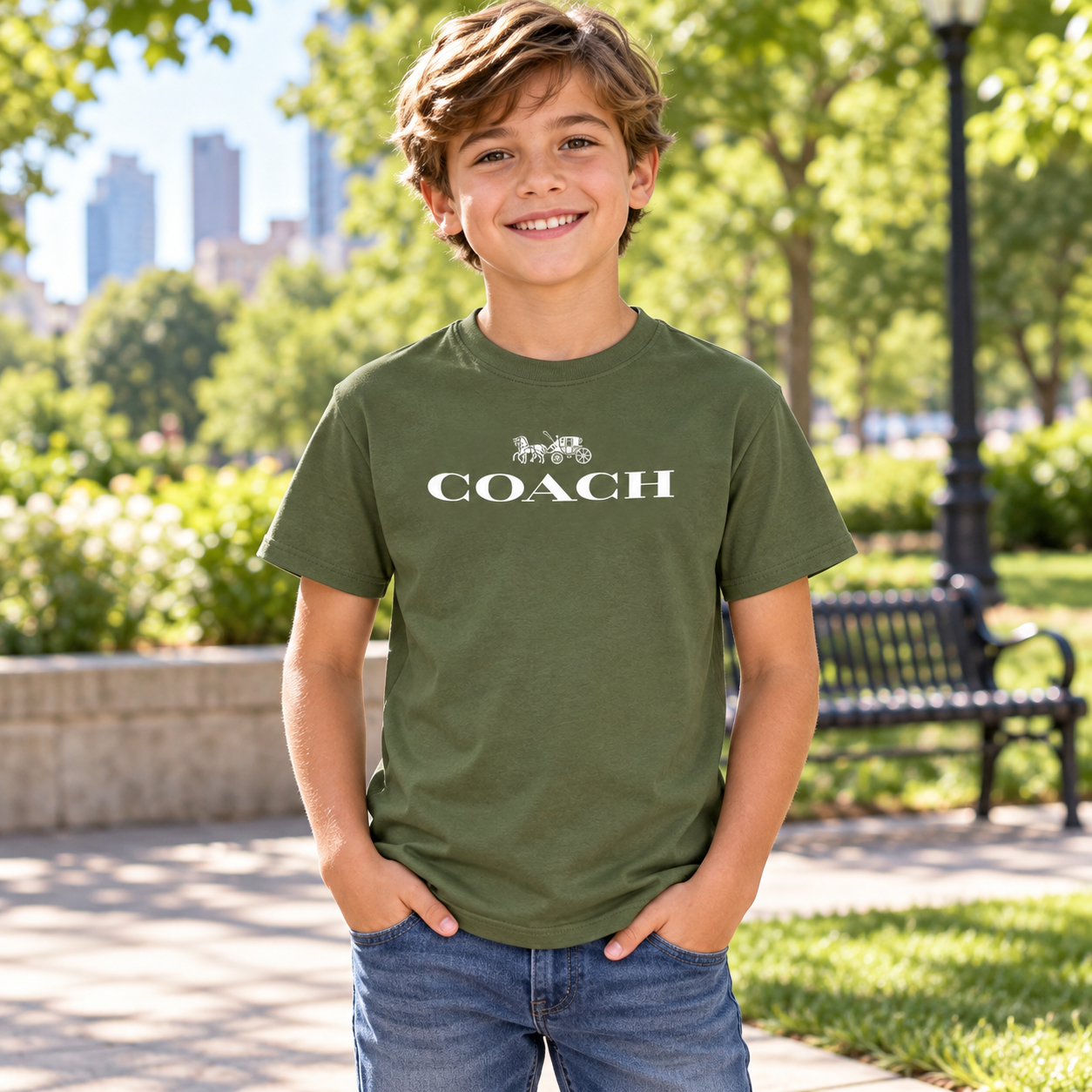 Youth Kids Coach Cotton T-Shirt - Army Green - Image 2