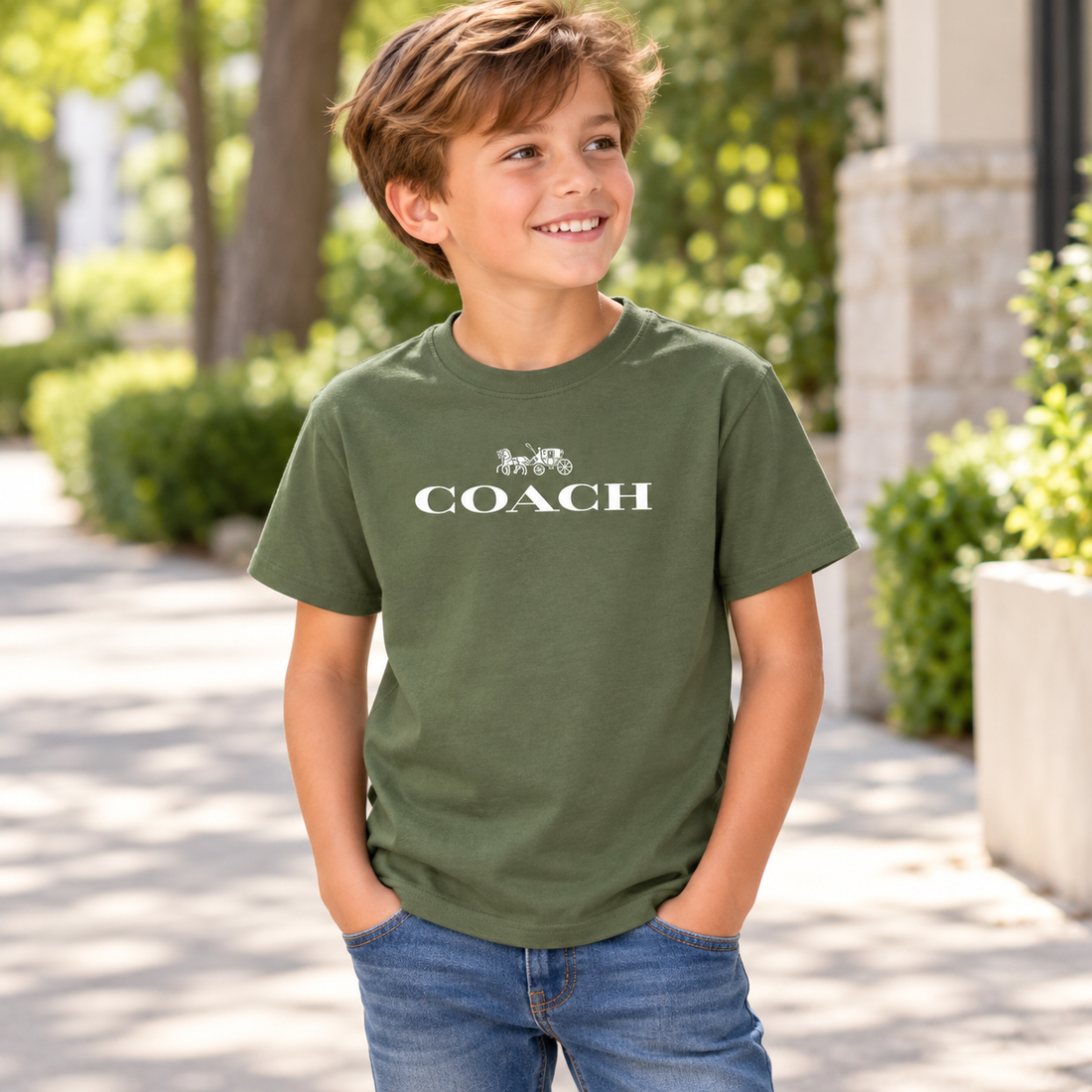 Youth Kids Coach Cotton T-Shirt - Army Green - Image 4
