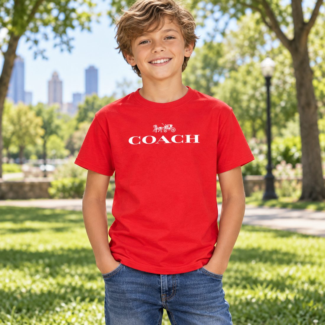 Youth Kids Coach Cotton T-Shirt - Red - Image 2