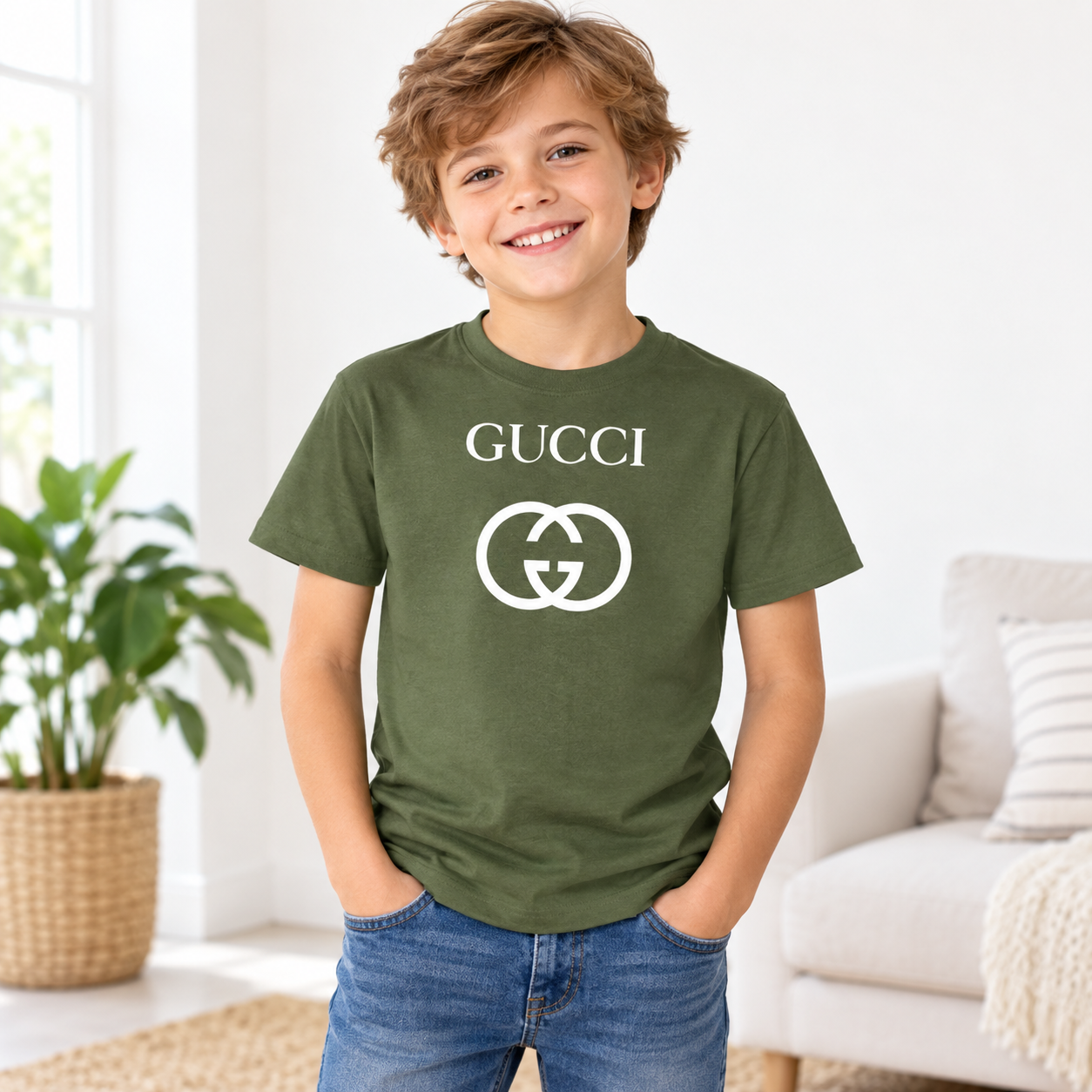 Youth Kids Gucci Cotton T-Shirt | Color: army green | Image 2