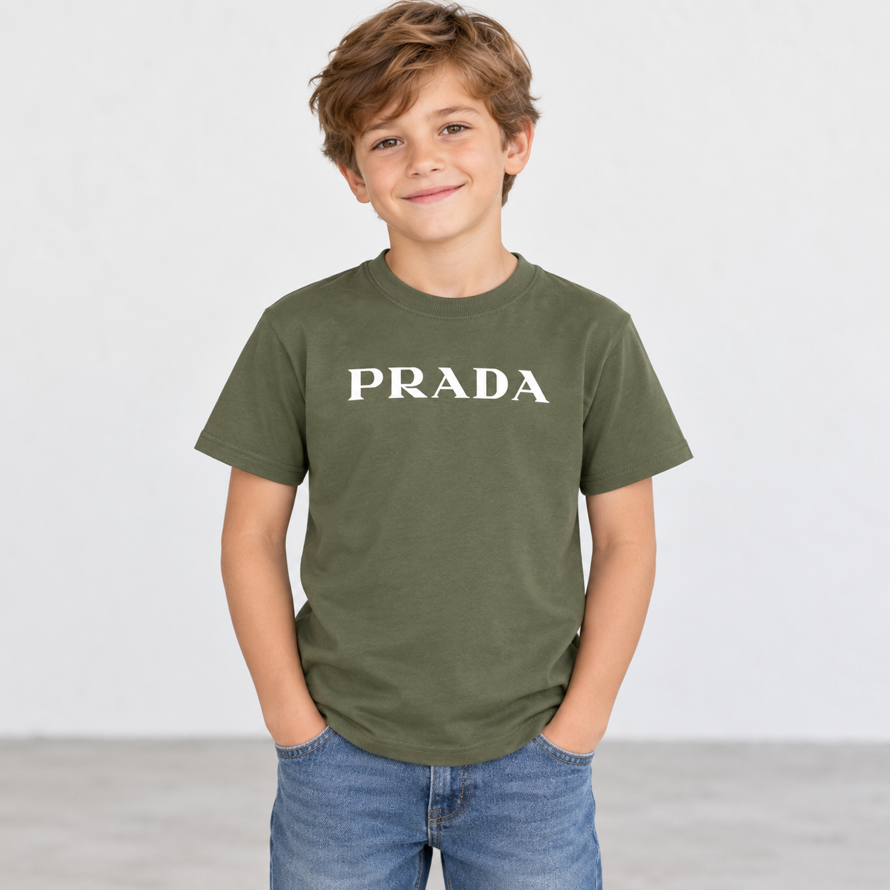 Youth Kids Prada Cotton T-Shirt - Army Green - lifestyle