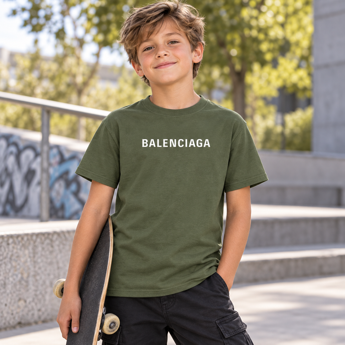 Youth Kids Balenciaga Cotton T-Shirt army green lifestyle view