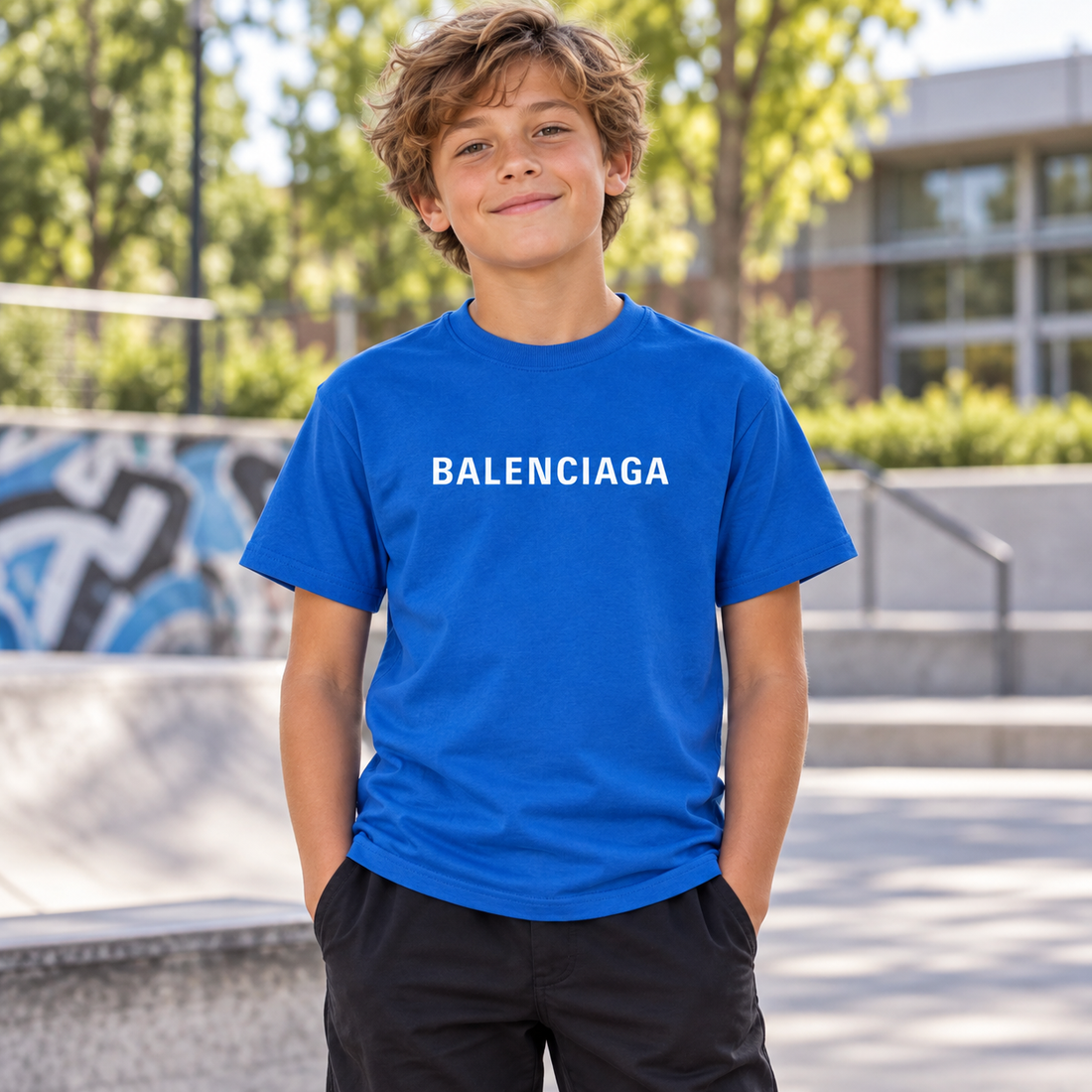 Youth Kids Balenciaga Cotton T-Shirt blue lifestyle view