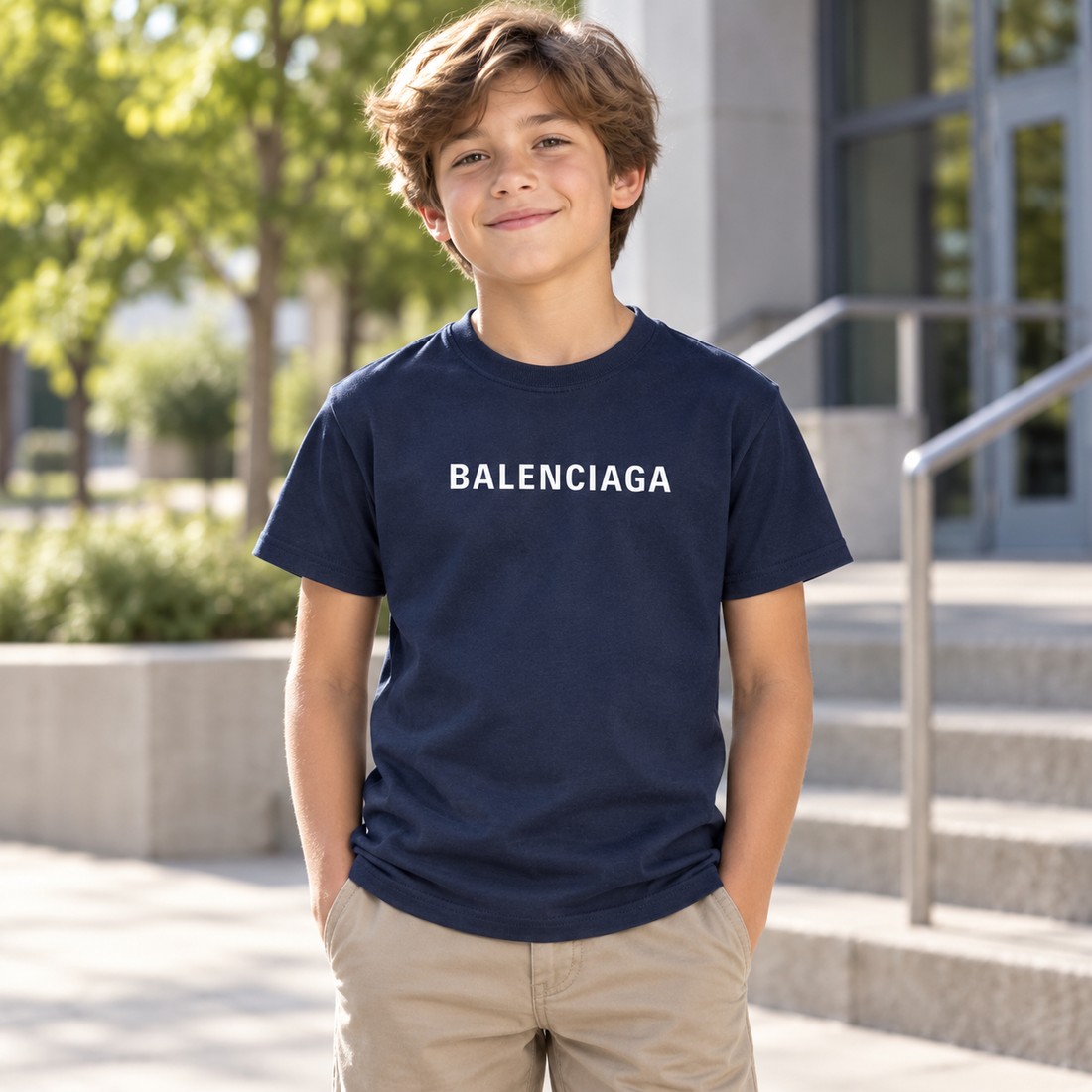 Youth Kids Balenciaga Cotton T-Shirt navy lifestyle view