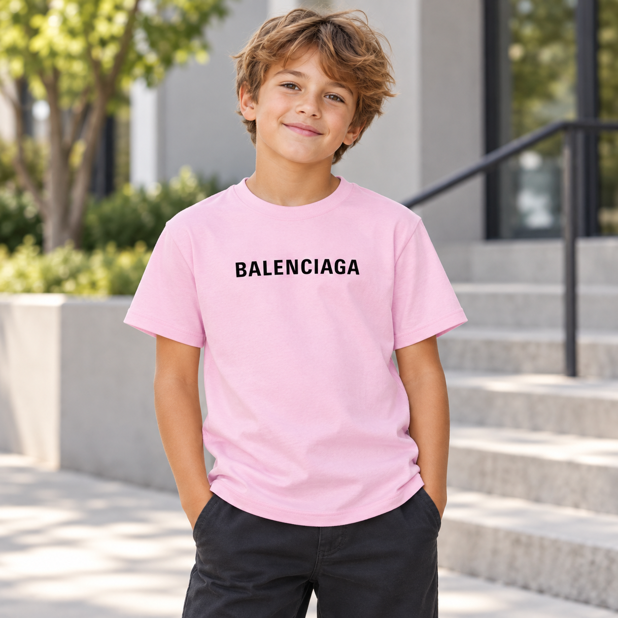 Youth Kids Balenciaga Cotton T-Shirt pink lifestyle view