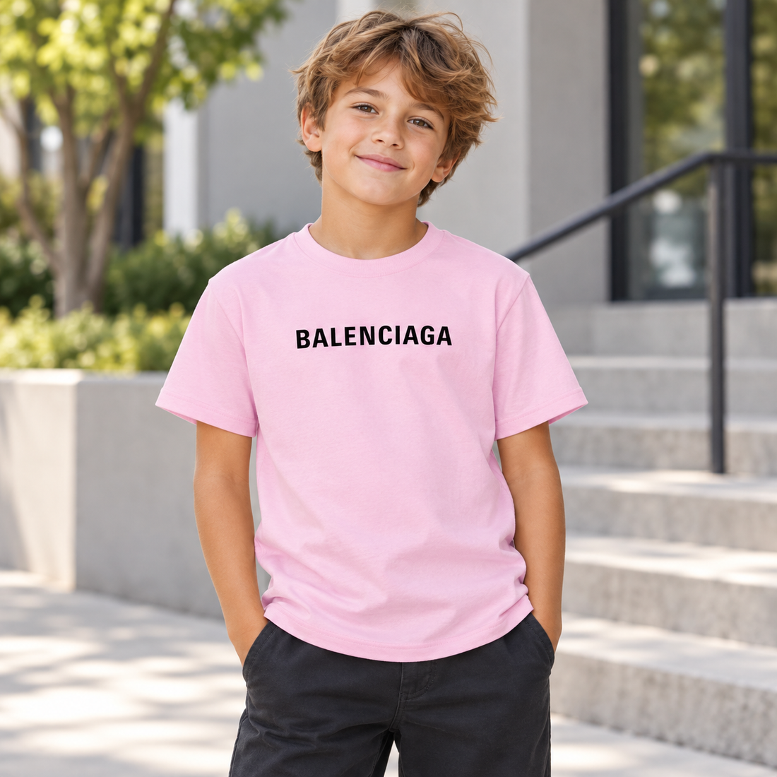 Youth Kids Balenciaga Cotton T-Shirt pink lifestyle view