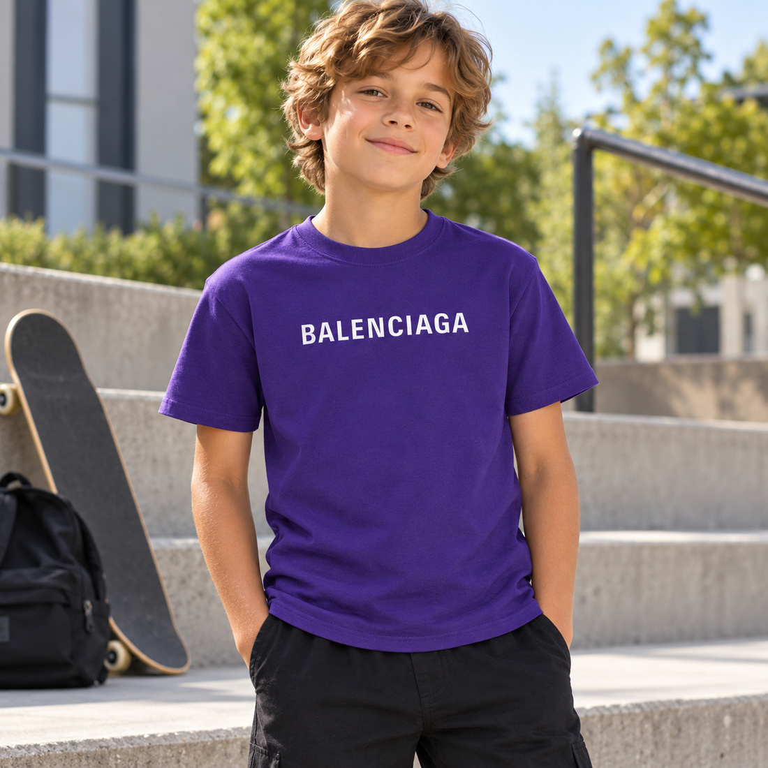 Youth Kids Balenciaga Cotton T-Shirt purple lifestyle view
