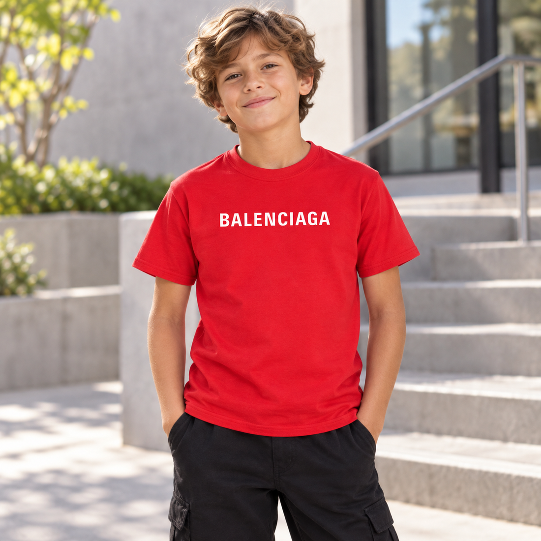 Youth Kids Balenciaga Cotton T-Shirt red lifestyle view