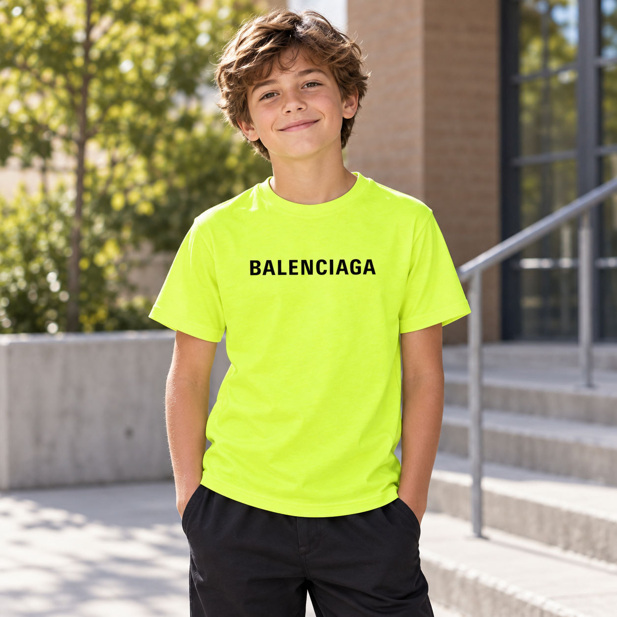 Youth Kids Balenciaga Cotton T-Shirt safety green lifestyle view