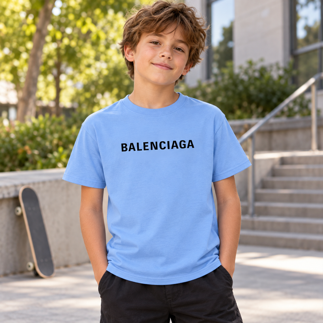 Youth Kids Balenciaga Cotton T-Shirt sky blue lifestyle view
