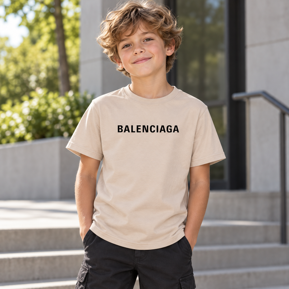 Youth Kids Balenciaga Cotton T-Shirt tan lifestyle view